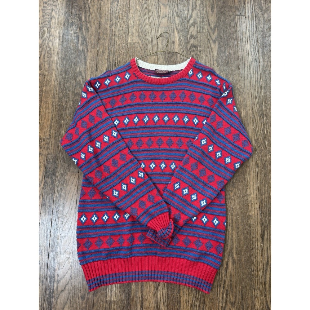 Vintage Chaps Ralph Lauren Geometric Crewneck Sweater Size L Red Blue Made In US